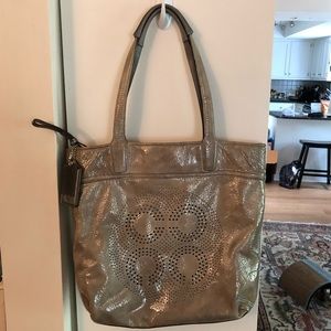 Coach Glossy Patent Leather Taupe Tote with Laser Cut Monogram Logo